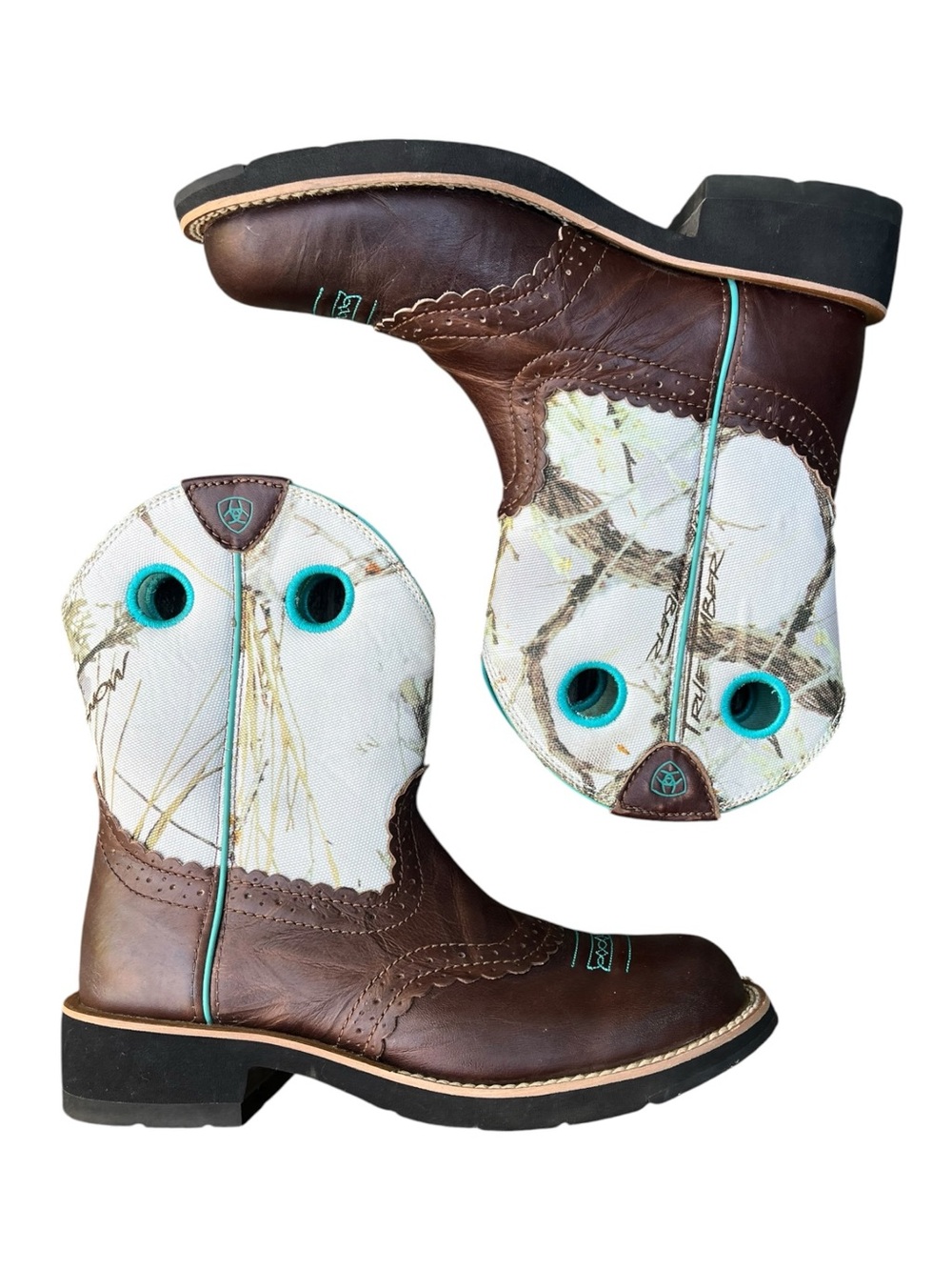 Ariat Fatbaby Realtree Camo Brown Teal Leather Western Cowboy Boots Womens 7.5 - Picture 11 of 13